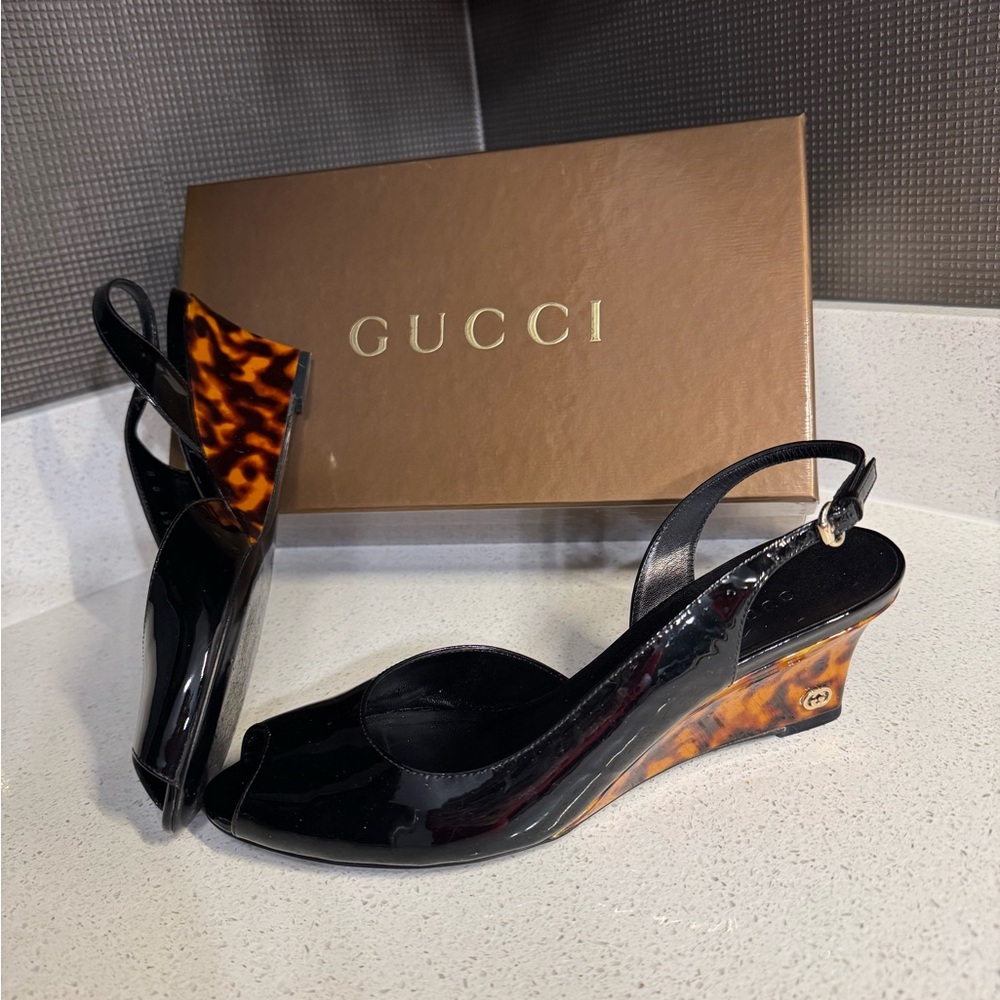 Gucci Vitello Vernice Soft Black Wedges Women B 8